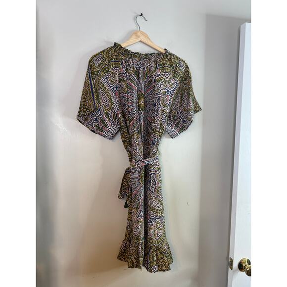 NWT Figue Cleo Silk Ruffle Neck Belted Mini Dress Medallion Multi Spruce Large - Picture 7 of 8